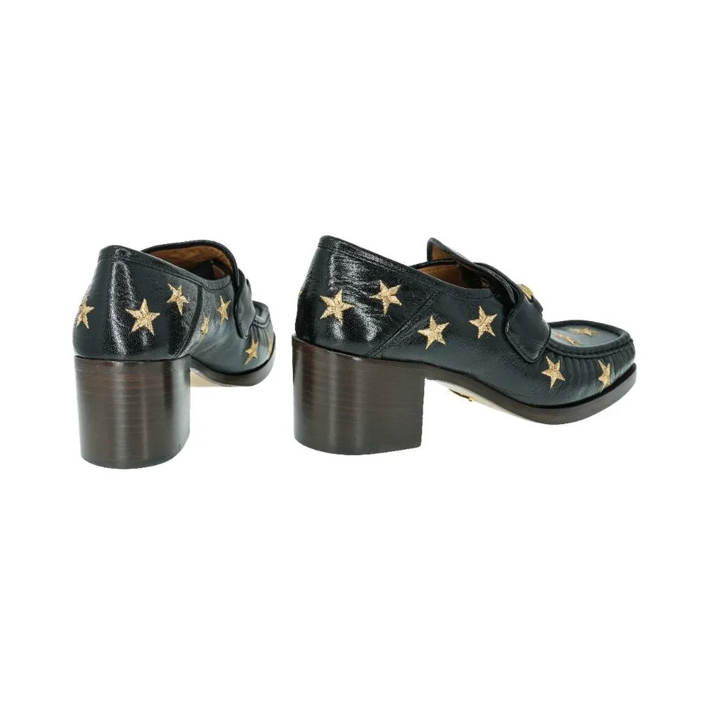 Gucci Horsebit Embroidered Stars Leather Mid Heel Loafers - Picture 4 of 8